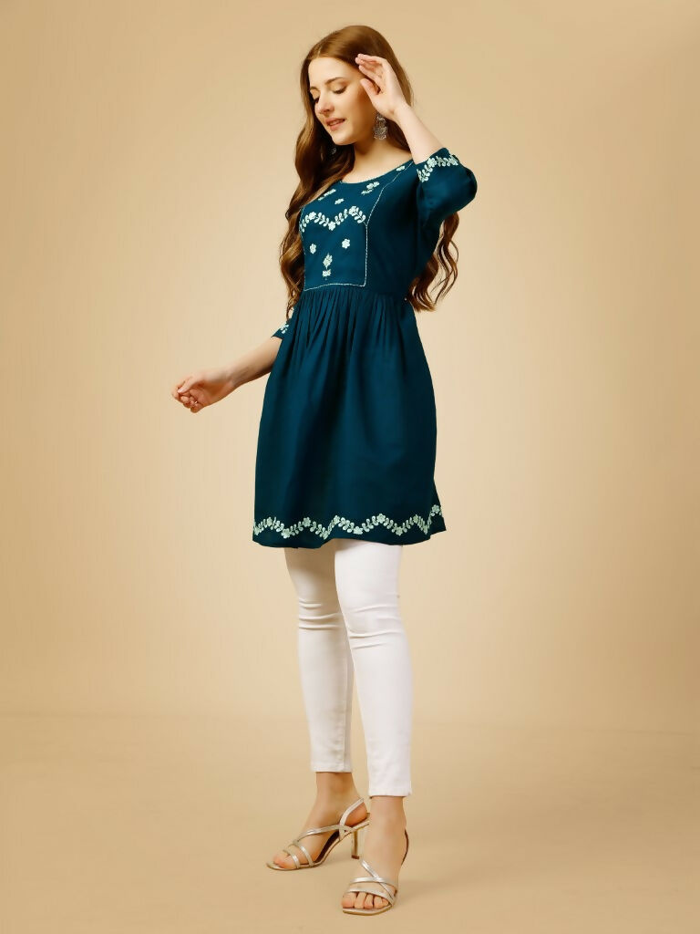 Jyoti Fashion Women's Blue Viscose Rayon Embroidered Casual Top | Swadesiicart