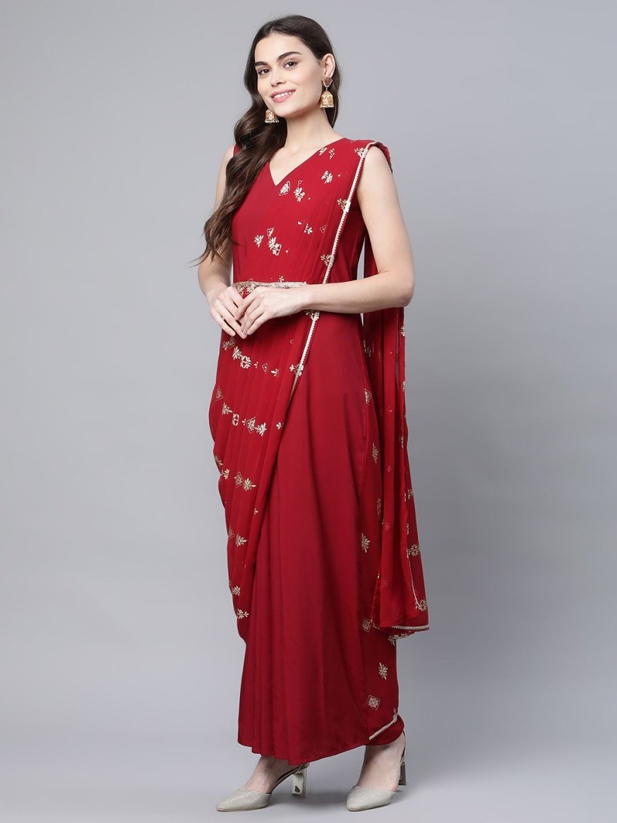 Ahalyaa Women Maroon Crepe Georgette Printed Saree Dress With Printed Pallu | Swadesiicart
