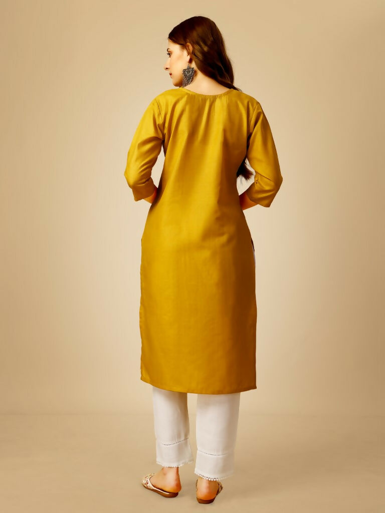 Jyoti Fashion Women's Yellow Cotton Blend Embroidered Kurta Pant Set | Swadesiicart