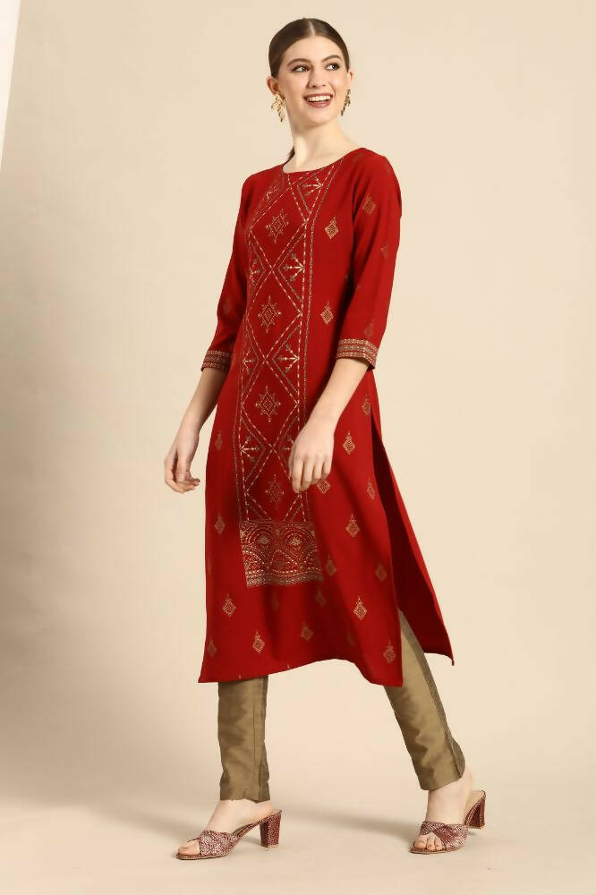 Janasya Women's Rust Crepe Ethnic Motifs Casual Straight Kurta | Swadesiicart