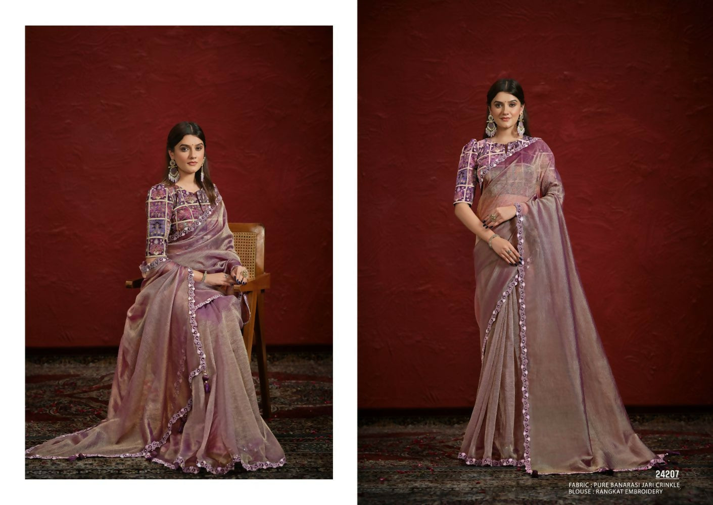 Purple Pure Banarasi Jari Crinkle Sequence with Handwork Saree with Stitched Blouse - Mohmanthan Aaina | Swadesiicart