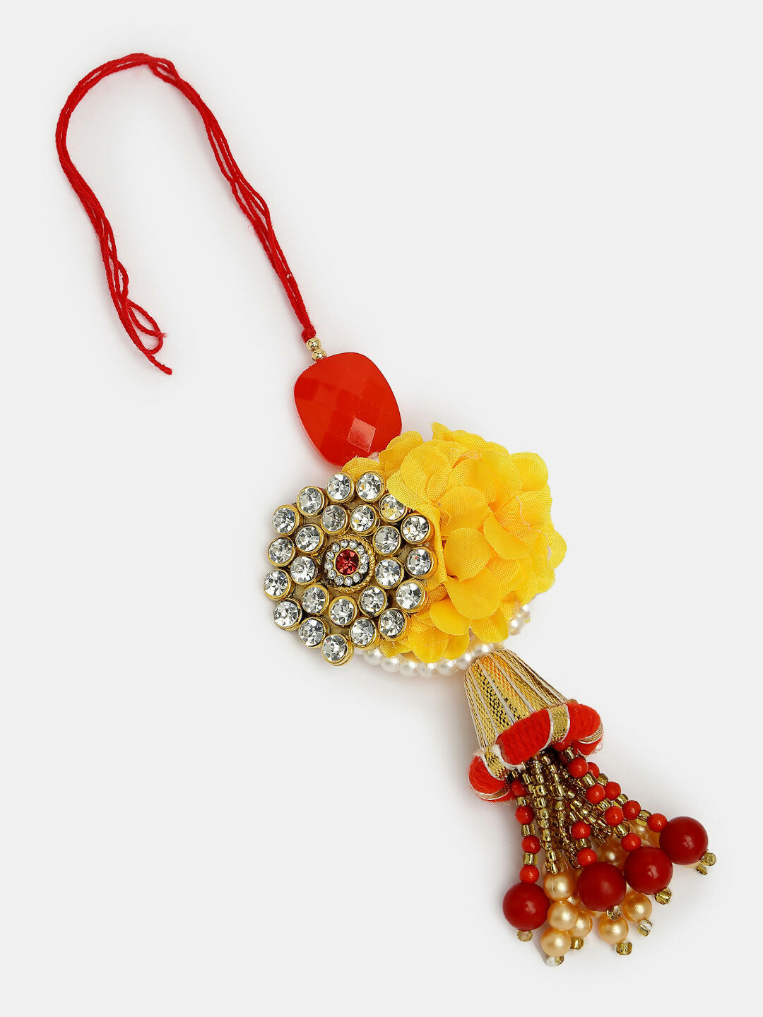NVR Women & Men Set of 2 Red & Gold-Toned Stone-Studded & Beaded Bhaiya Bhabhi Rakhi With Roli Chawal | Swadesiicart