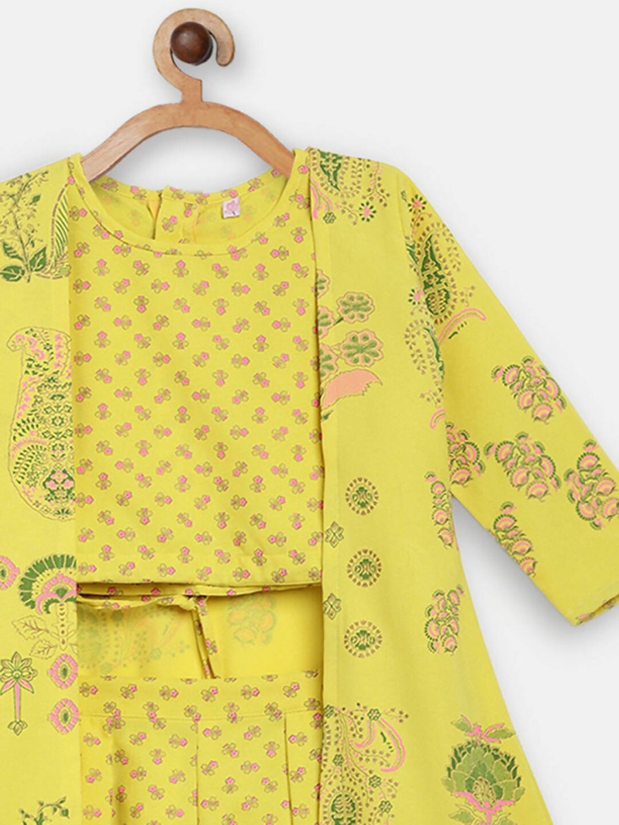 Ahalyaa Yellow Viscose Rayon Printed Kids Top & Palazzo Sets With Jacket For Girls | Swadesiicart