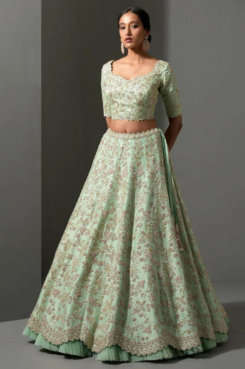 Jyoti Fashion Women's Sea Green Mulberry Silk Sequins, Dori & Thread Embroidered with Net Ruffle Work Designer Lehenga Choli Set | Swadesiicart