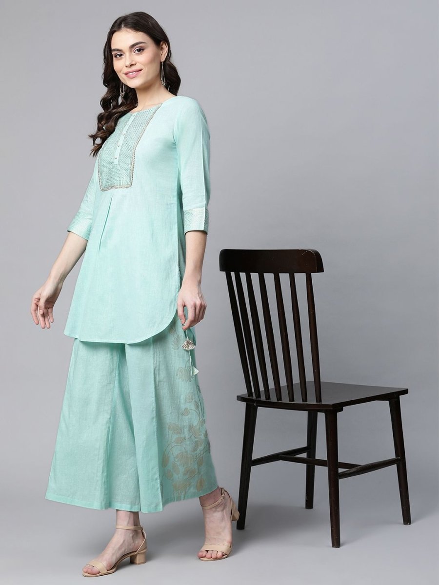 Ahalyaa Women Teal Pure Cotton Gold Foil Printed Pakistani Style Kurta Palazzo Set | Swadesiicart