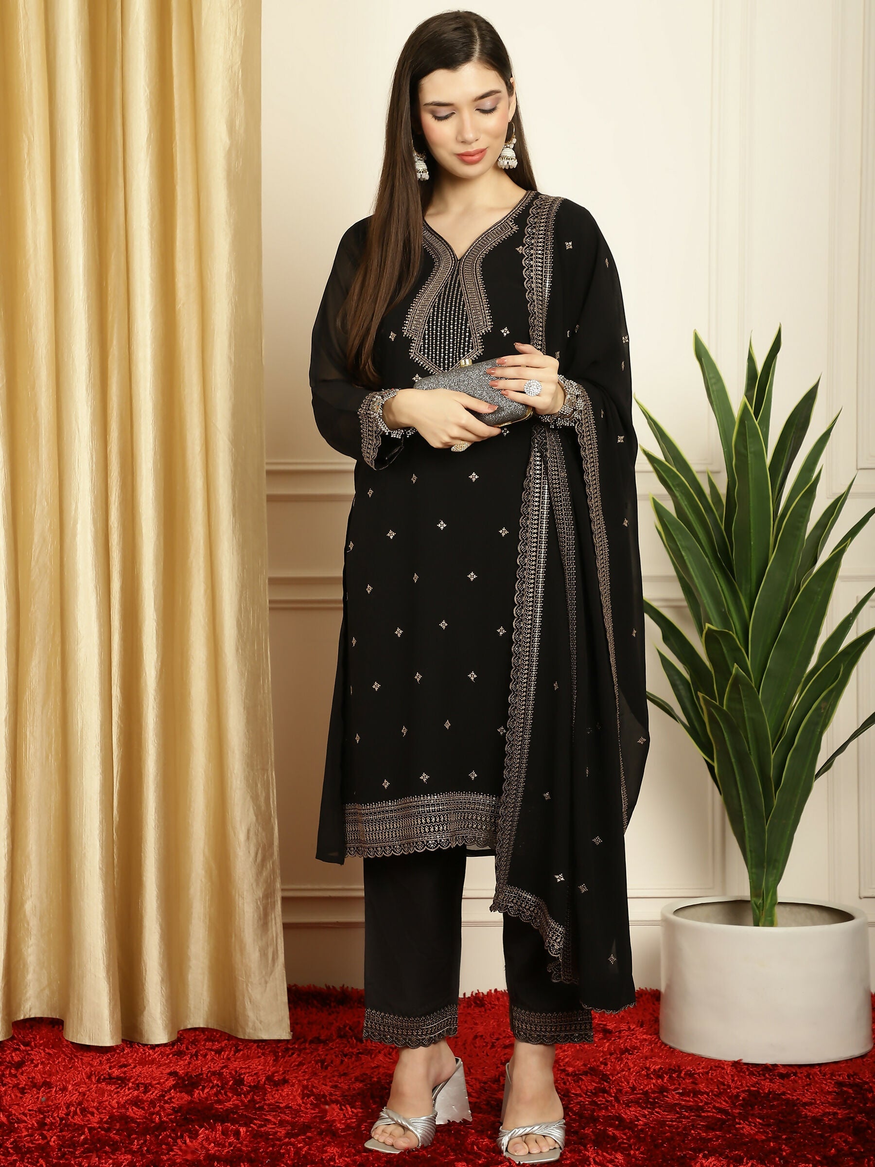 Jyoti Fashion Women's Black Georgette Resham Thread & Sequin Kurta with Trouser & Dupatta | Swadesiicart