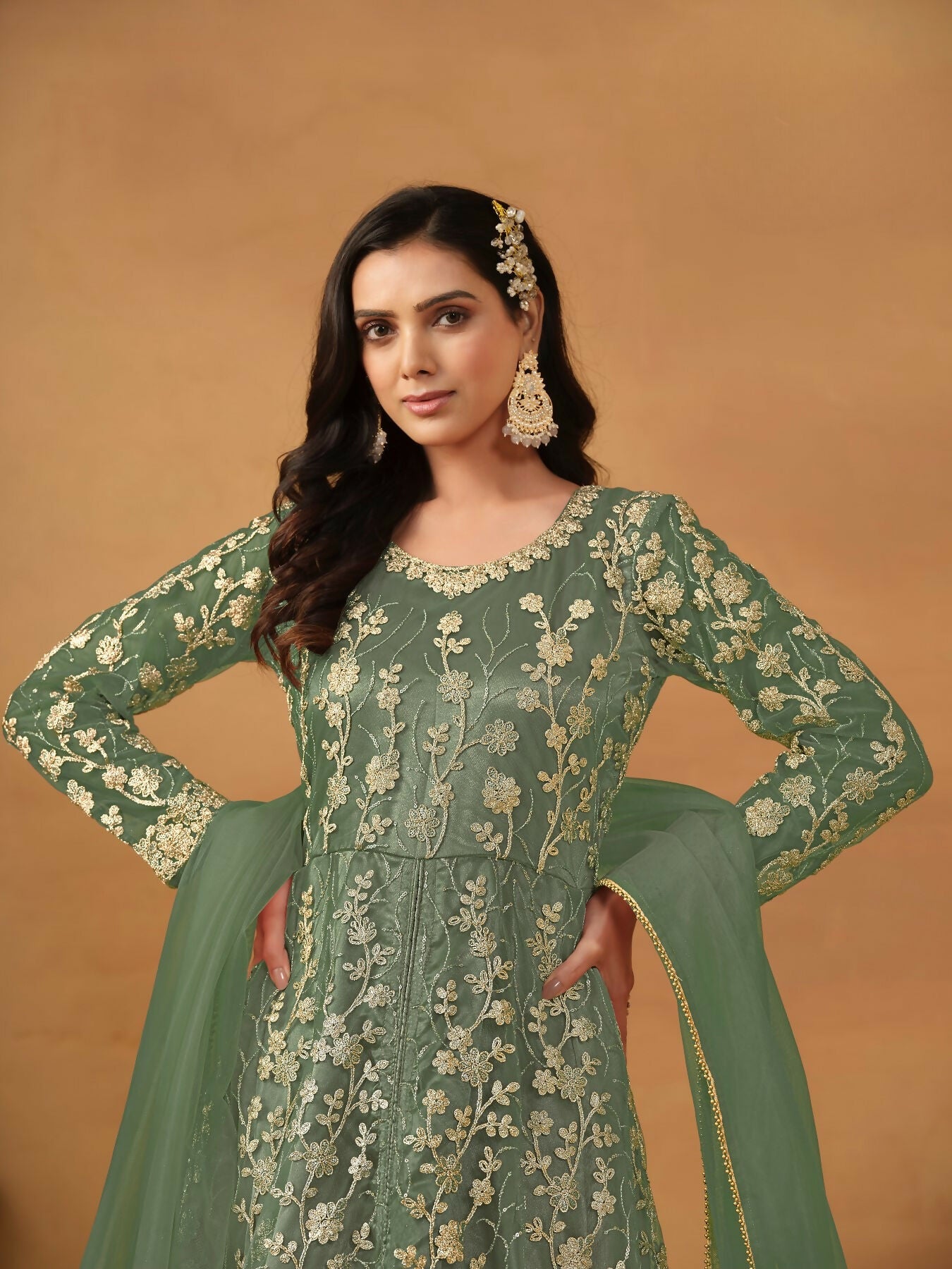 Anaita Green Embroidered Net Anarkali Suit