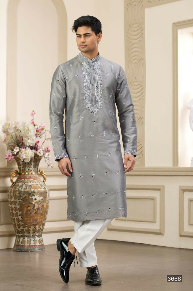 Raivat Ethnic Banarasi Art Silk Thread and Mirror Work Kurta Pajama In Grey Colour | Swadesiicart