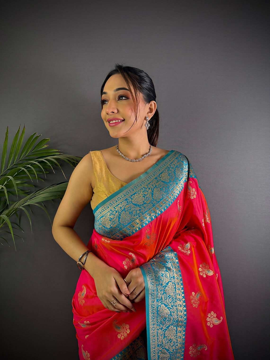 Joban Fashion Banarasi Hot Pink Woven Butti Soft Silk Saree | Swadesiicart