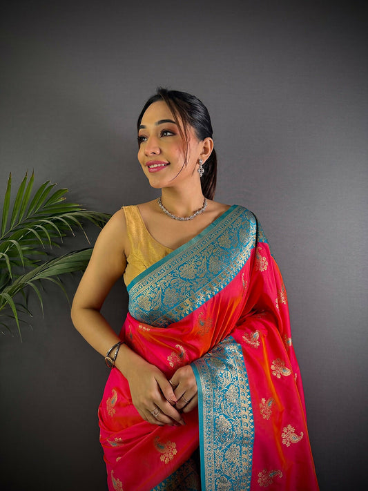 Joban Fashion Banarasi Hot Pink Woven Butti Soft Silk Saree | Swadesiicart