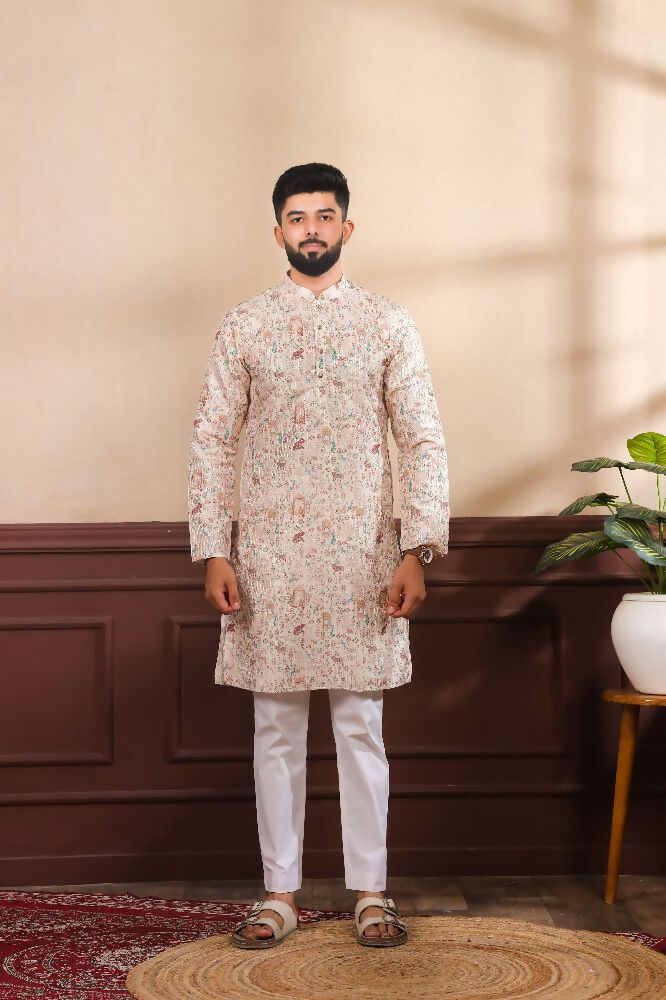 Beige Art Silk Digital Printed, Embroidery Work Kurta Set - Mahotsav
