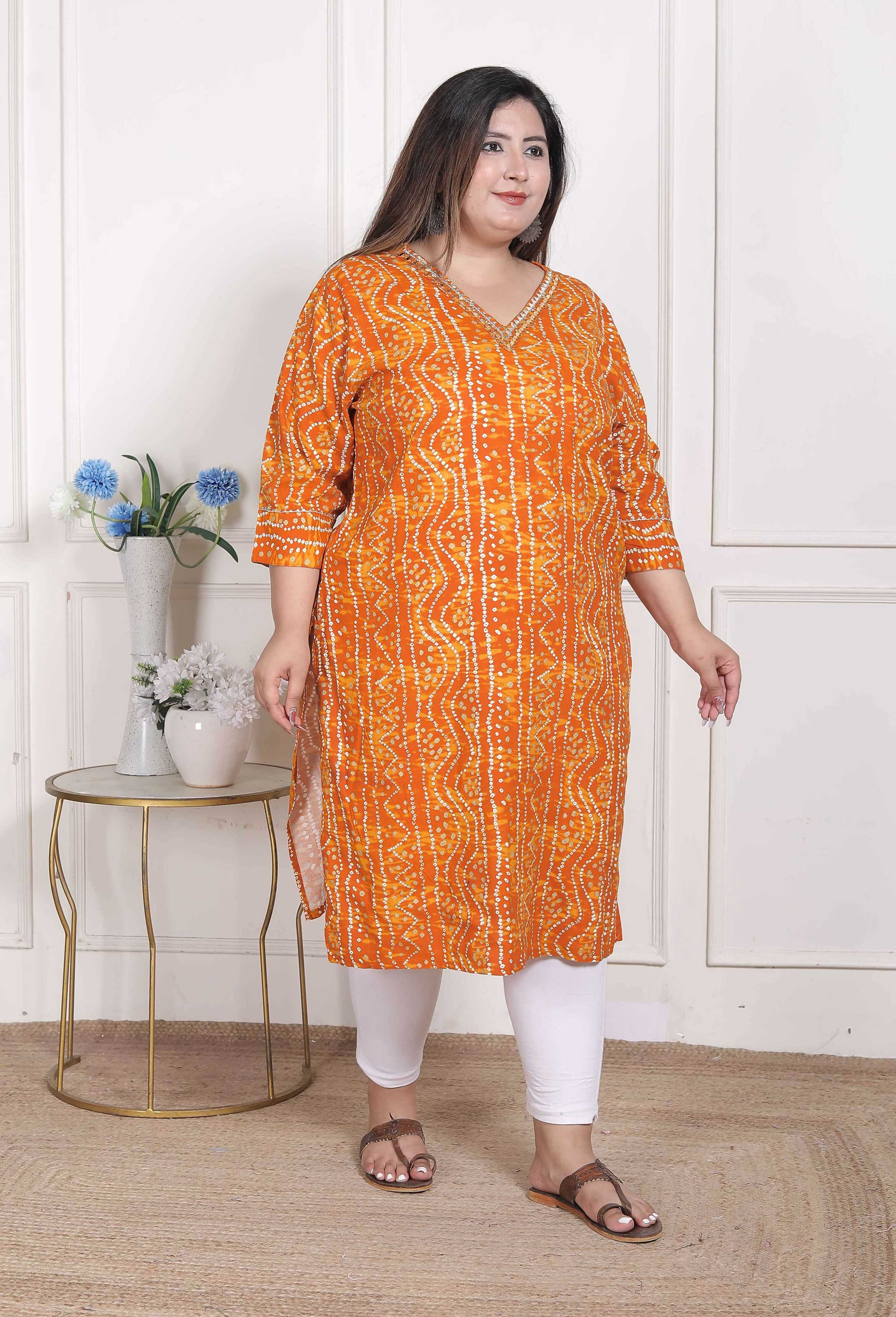 Miravan Women's Plus Size Yellow Bandhani Printed Straight Kurta - Swadesiicart