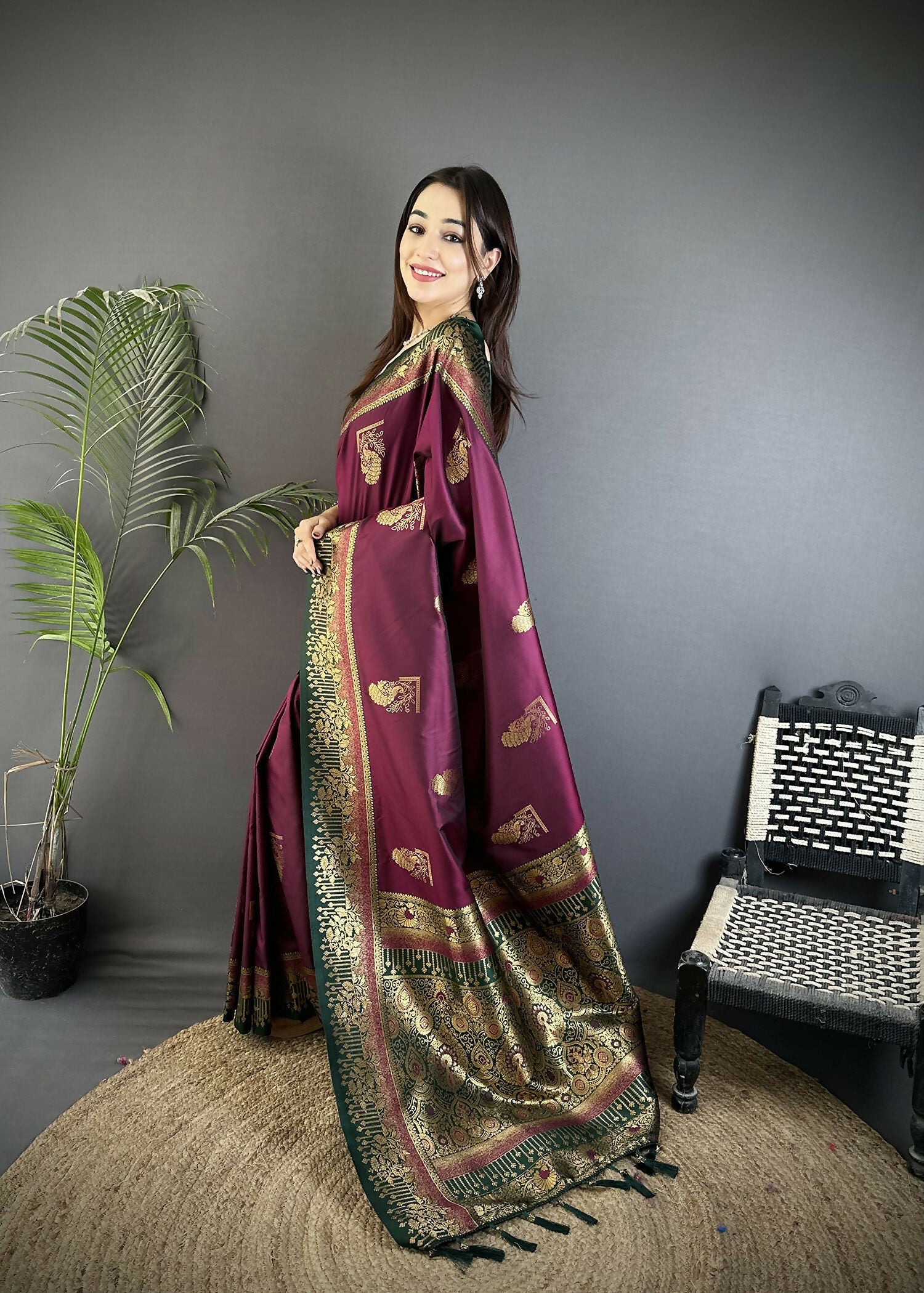 Joban Fashion Maroon Banarasi Soft Silk Peacock Butta Work Saree | Swadesiicart