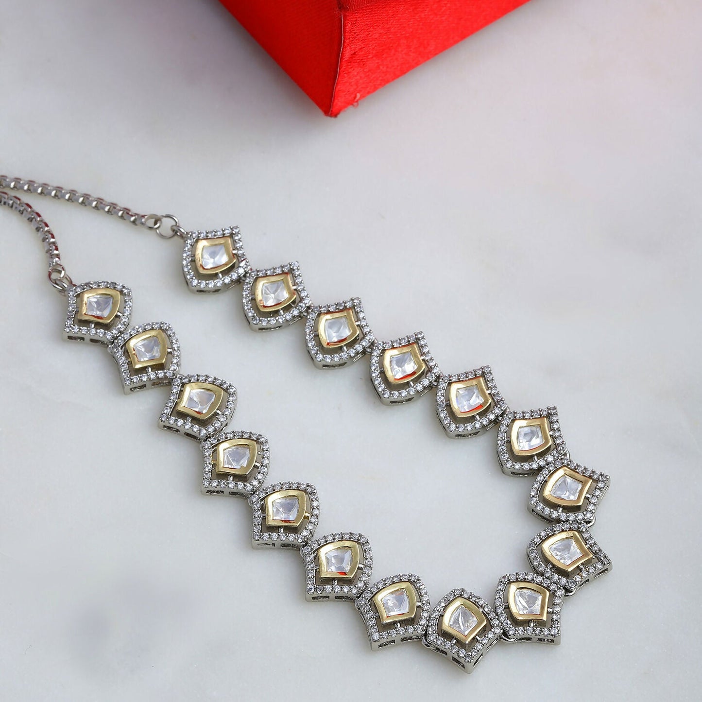Silver Kundan and American Diamond Neckpiece (Silver) - Ruby Raang | Swadesiicart