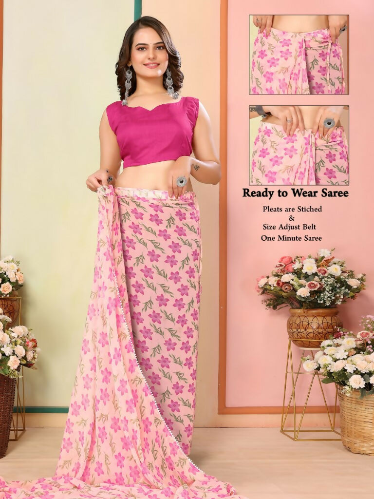 Pink Georgette Designer Printed Ready To Wear Saree - Elite | Swadesiicart