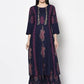 Aniyah Rayon Navy Blue Color Block Print A-line Flared Long Kurta With Two Front Slits (AN-215K) - Swadesiicart