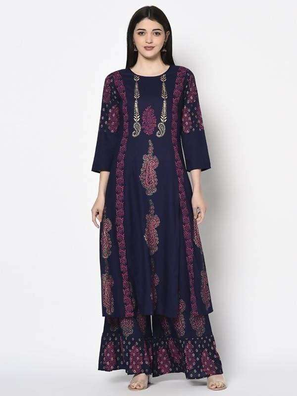 Aniyah Rayon Navy Blue Color Block Print A-line Flared Long Kurta With Two Front Slits (AN-215K) - Swadesiicart