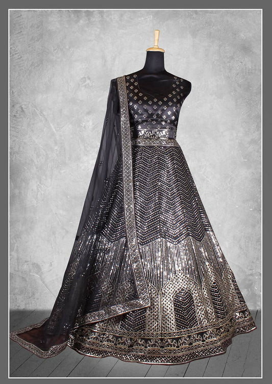 Black Satin Silk Cord and sequins Floral embroidery Bridal lahenga Choli with Dupatta - Nimaya Pavitra Rista | Swadesiicart
