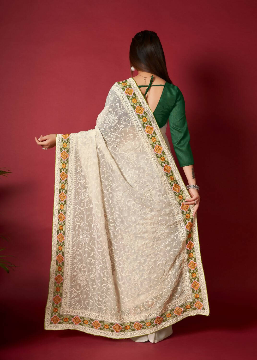 Vamsee White Georgette Designer Saree - Swadesiicart