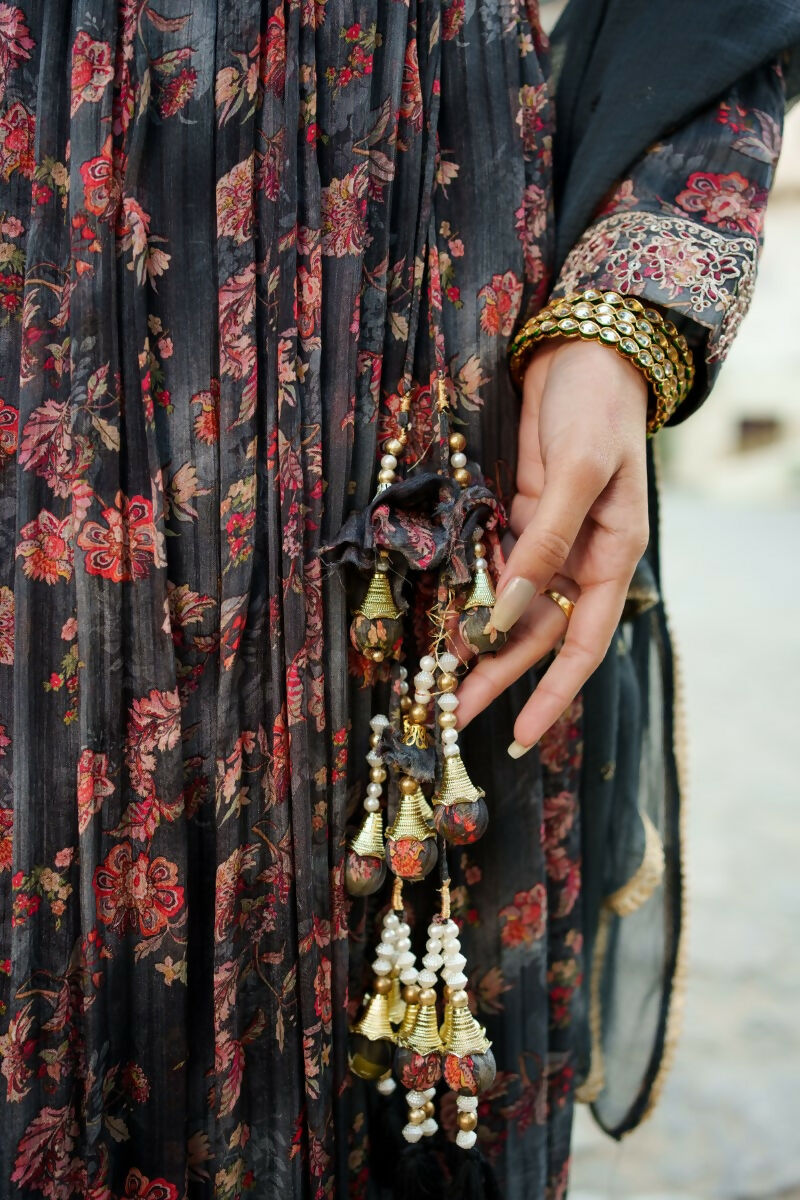 Vaasva Black Chinon Floral Embroidered Angrakha, Pant & Dupatta set | Swadesiicart