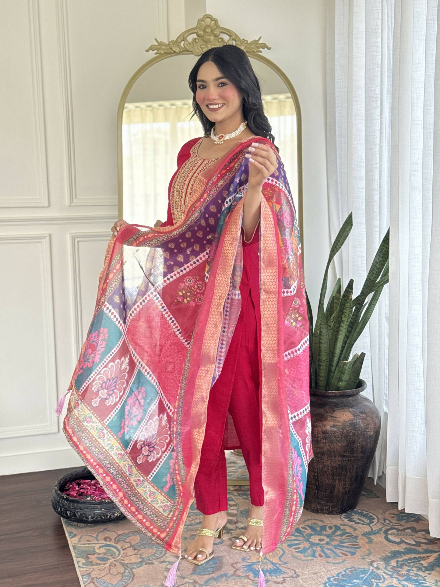 The52 Rani Gorgeous Embroidered Chanderi Silk Fabric Straight Kurta Pant with Dupatta Set - Swadesiicart