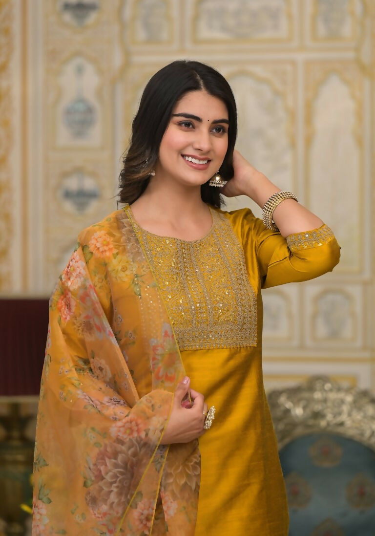 Partywear Designer Musted Yellow Poly Silk fabric Stitched Suit With Dupatta - Tanisha | Swadesiicart