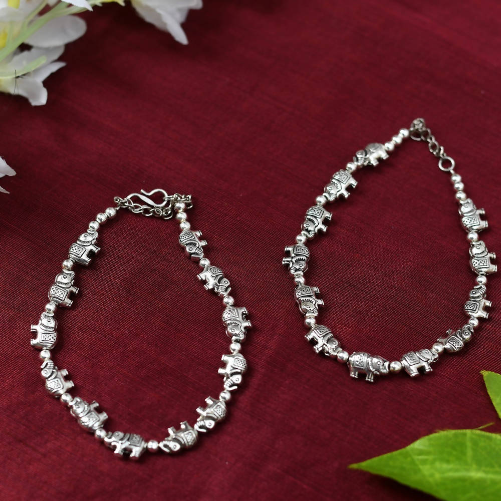 Mominos Fashion Kamal Johar Oxidised Elephant Design Silver Anklets | Swadesiicart