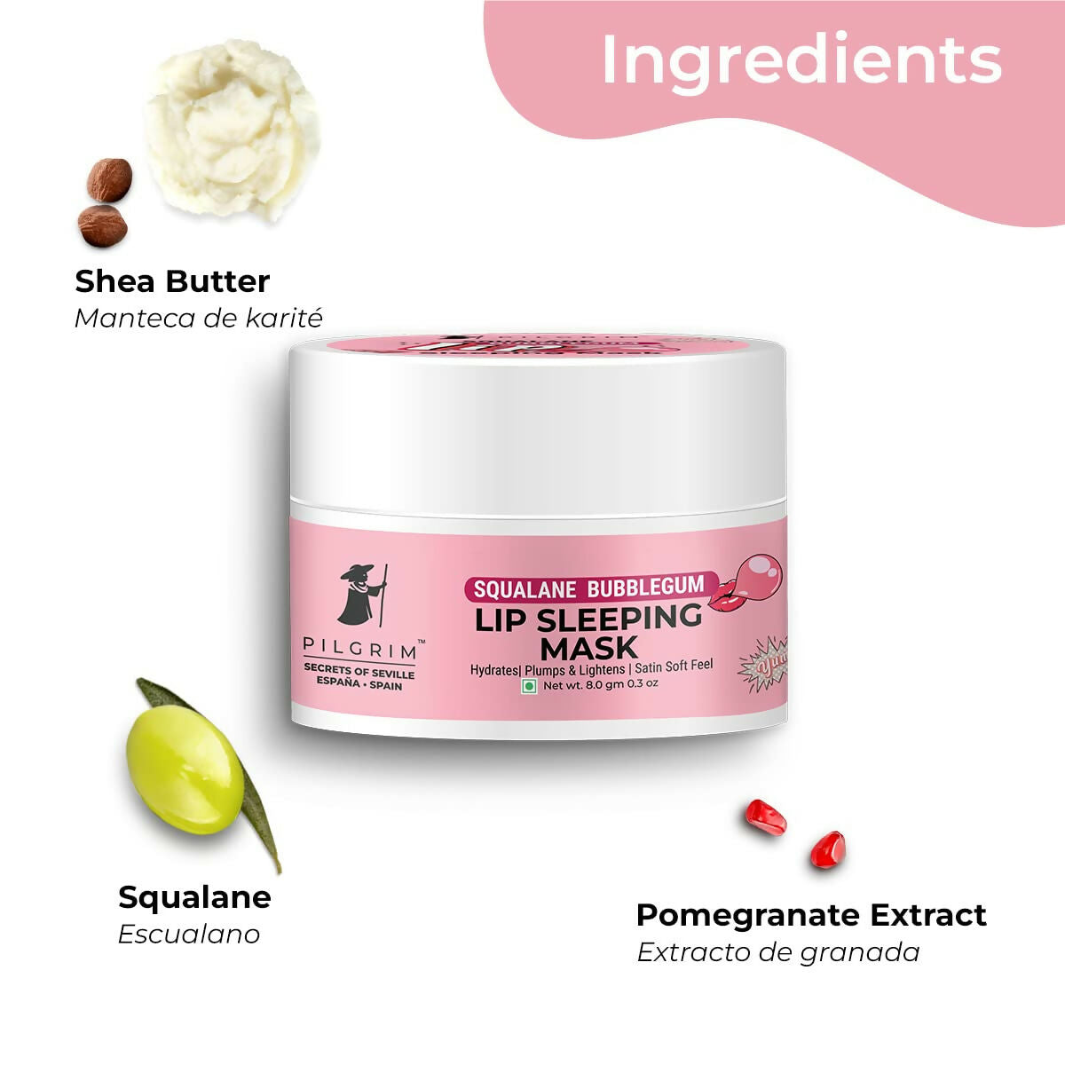 Pilgrim Spanish Lip Sleeping Mask (Bubblegum) with Shea Butter & Pomegranate For Hydrated & Soft Lips - Swadesiicart
