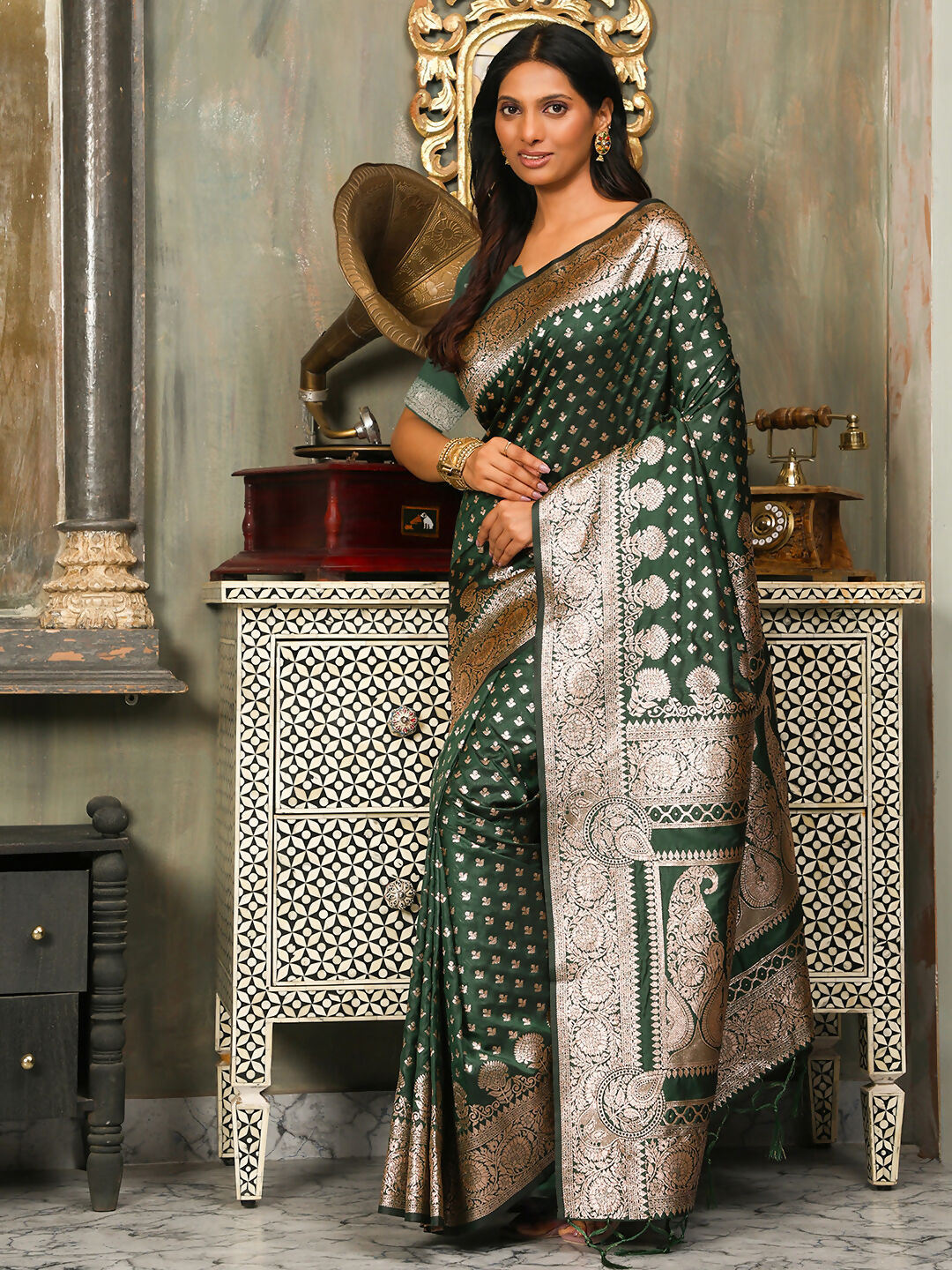 Astita Banarasi Silk Dark Green Saree | Swadesiicart