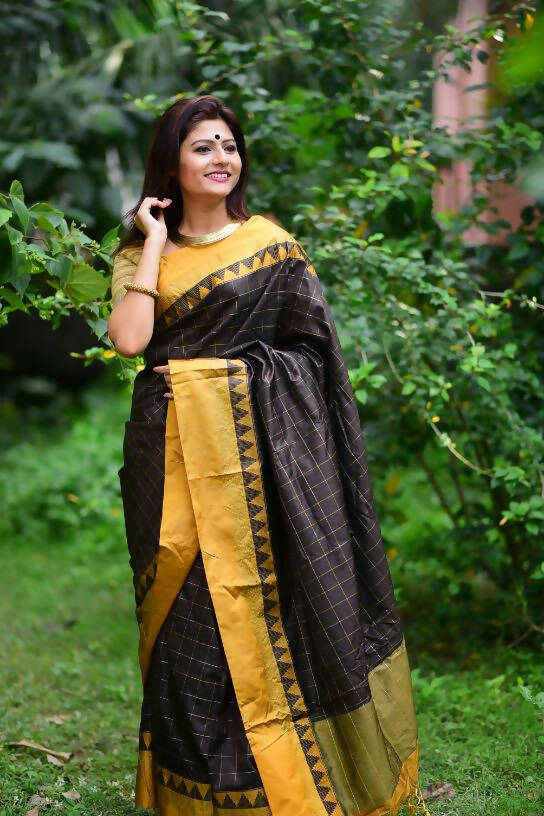 Vishnu Weaves Women's Dark Coffee Raw Silk Checks Zari Woven Saree with Unstitched Blouse - Swadesiicart
