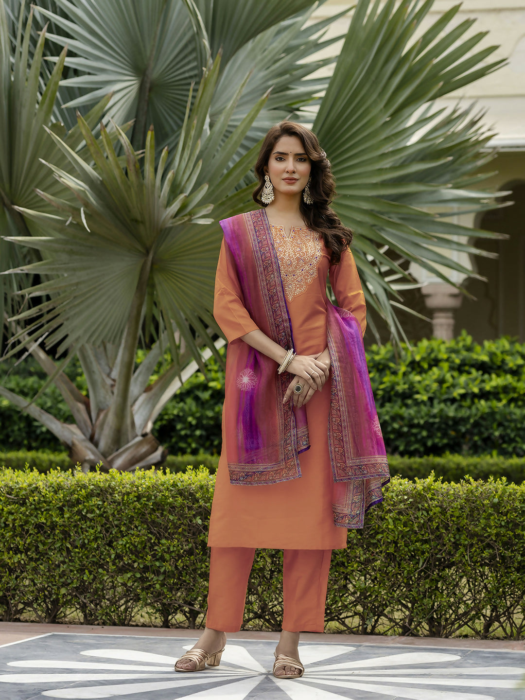 The52 Orange Women's Gorgeous Embroidered Rayon Fabric with Straight Kurta, Pant and Dupatta Set - Swadesiicart
