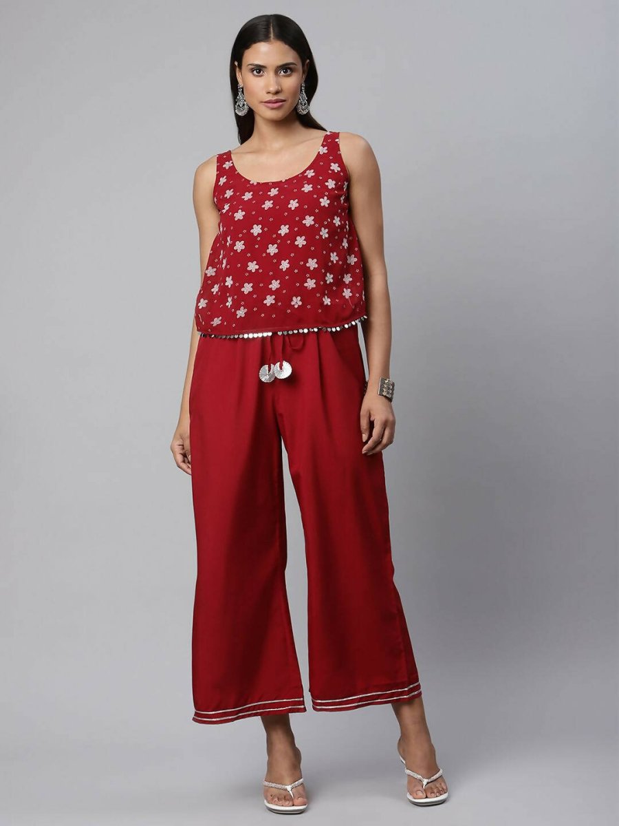 Ahalyaa Womens Maroon Chiffon Printed Jumpsuit - Swadesiicart