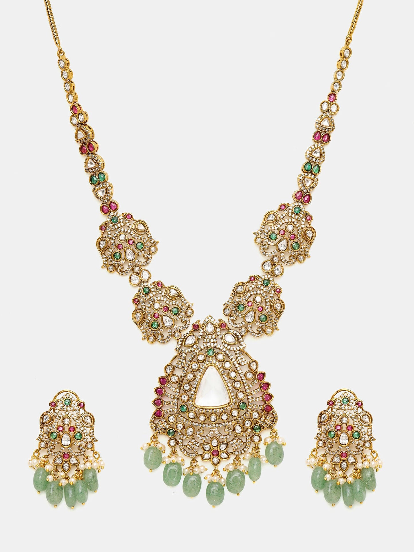 Ruby Raang 22k Gold Polished Long Kundan Heavy Maharani Necklace With Earrings | Swadesiicart