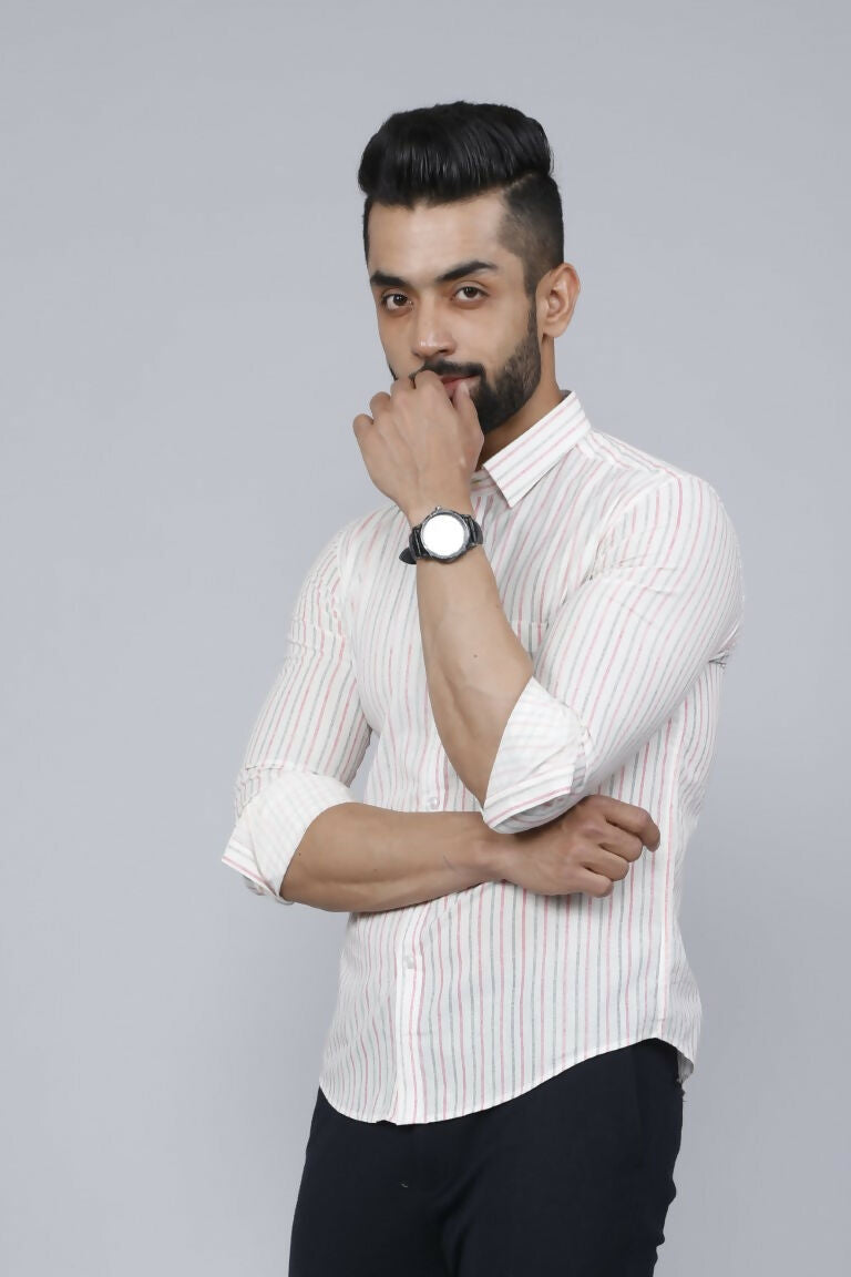 Miravan Men's White Spread Collar Striped Print Casual Shirt | Swadesiicart