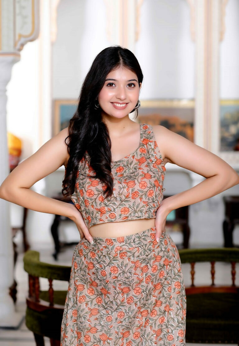Miravan Women's Brown Floral Printed Crop Top And Skirt Co-Ord Set - Swadesiicart