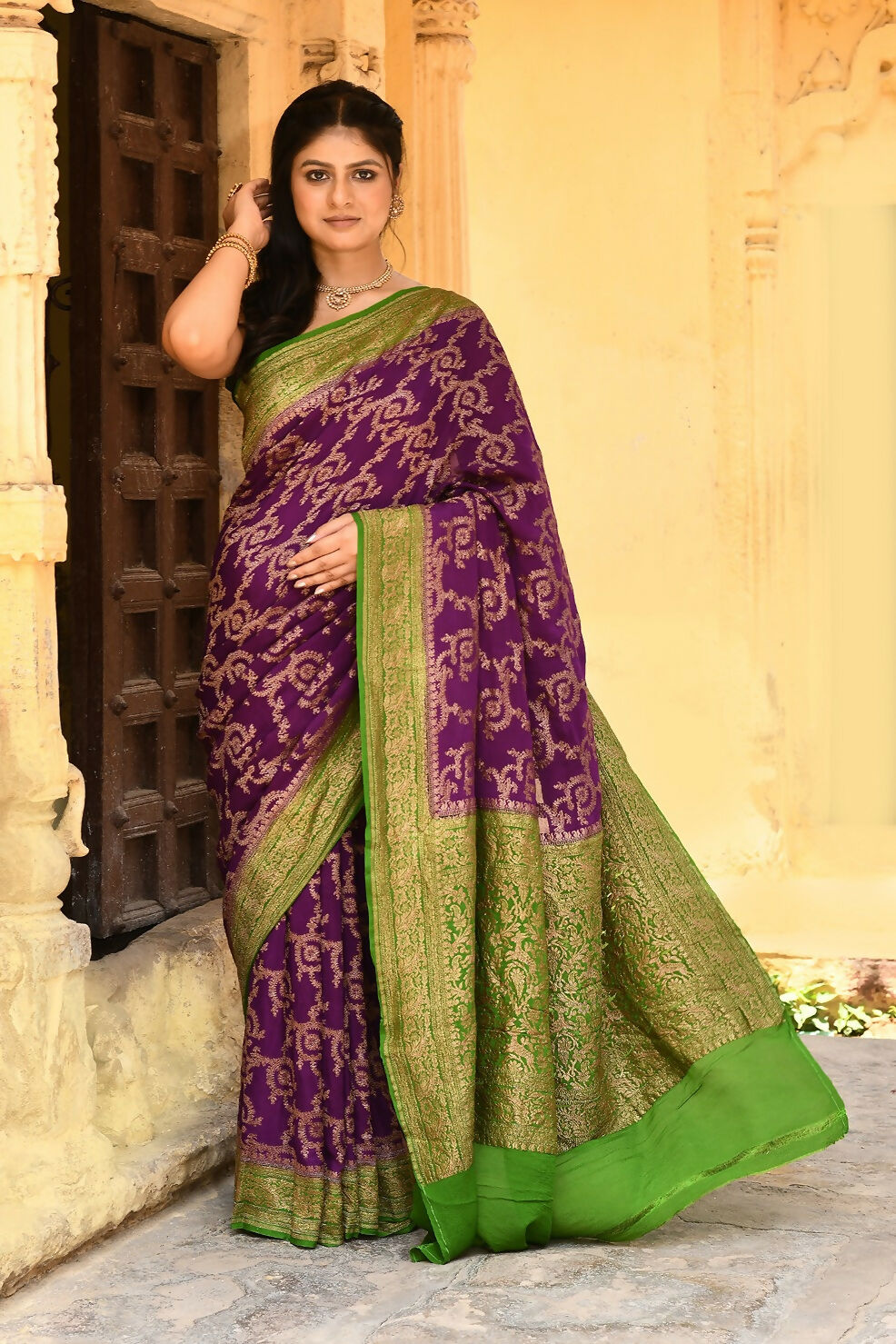 Joban Fashion Purple Crepe Chiffon Pure Handloom Banarasi Silk Saree | Swadesiicart