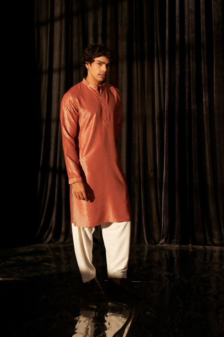 Red viscose Chikankari Embroidery Work Men's Traditional Kurta Set - Mahotsav | Swadesiicart