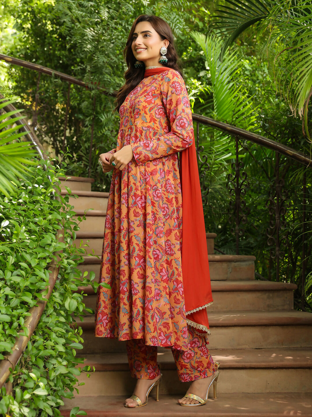 Janasya Mustard Georgette Floral Kurta,Bottom & Dupatta | Swadesiicart