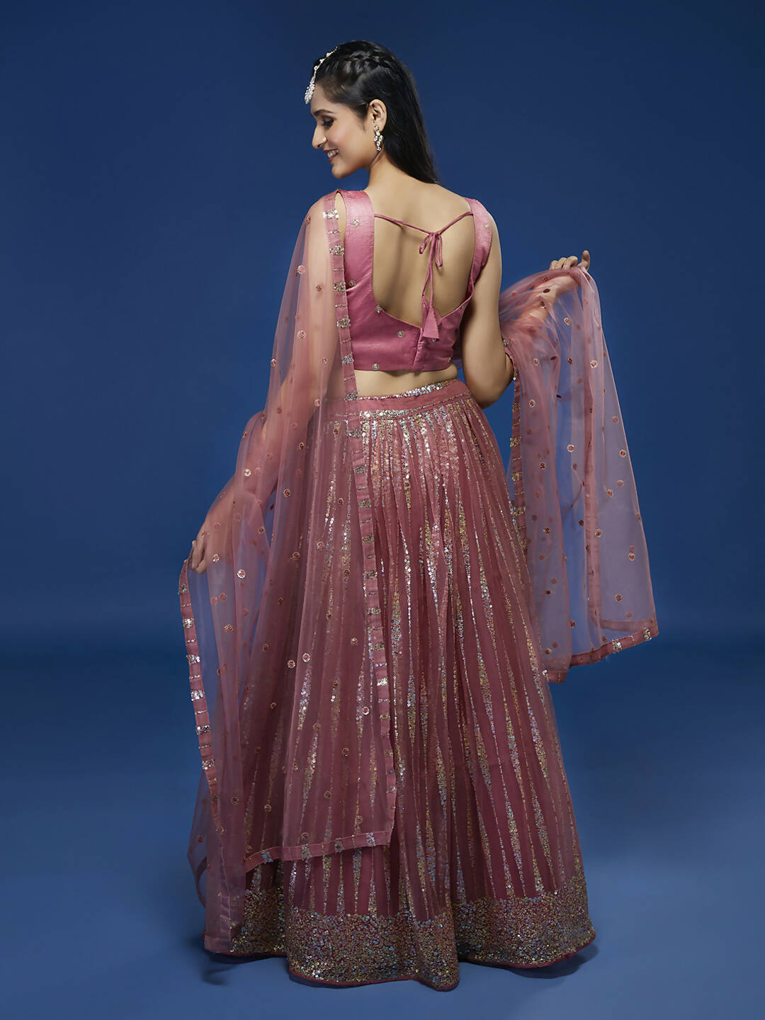 House of Panchhi Rose Gold Net Sequinse Work Lehenga & Blouse, Dupatta | Swadesiicart
