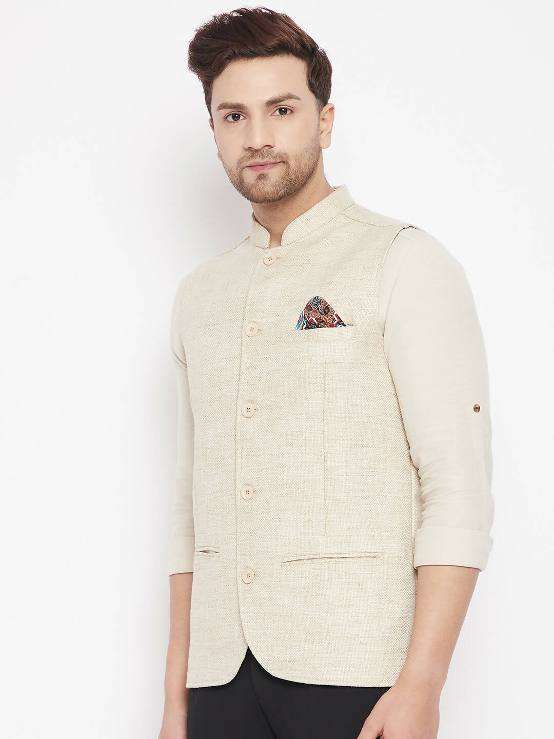 Even Apparels Beige Linen Men Woven Nehru Jacket | Swadesiicart