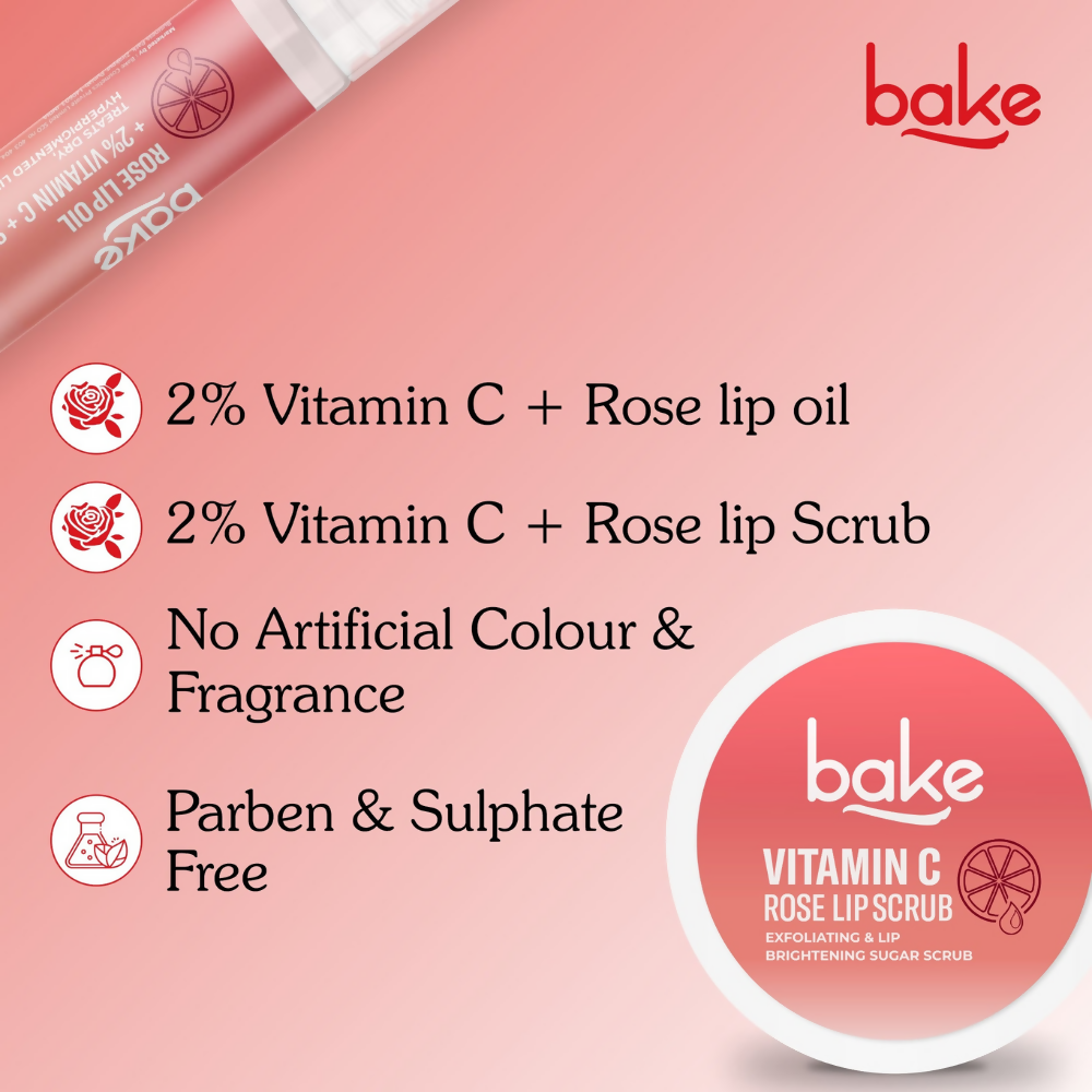 Bake Vitamin C Rose Lip Kit With Lip Balm SPF 25 & Lip Scrub For Dark & Pigmented Lips | Swadesiicart