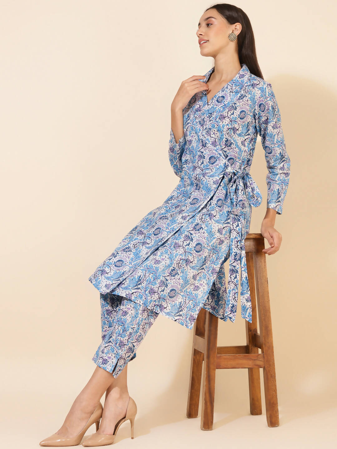 Janasya Women's White Cotton Floral Printed Casual Wrap Style Co-ords - Swadesiicart