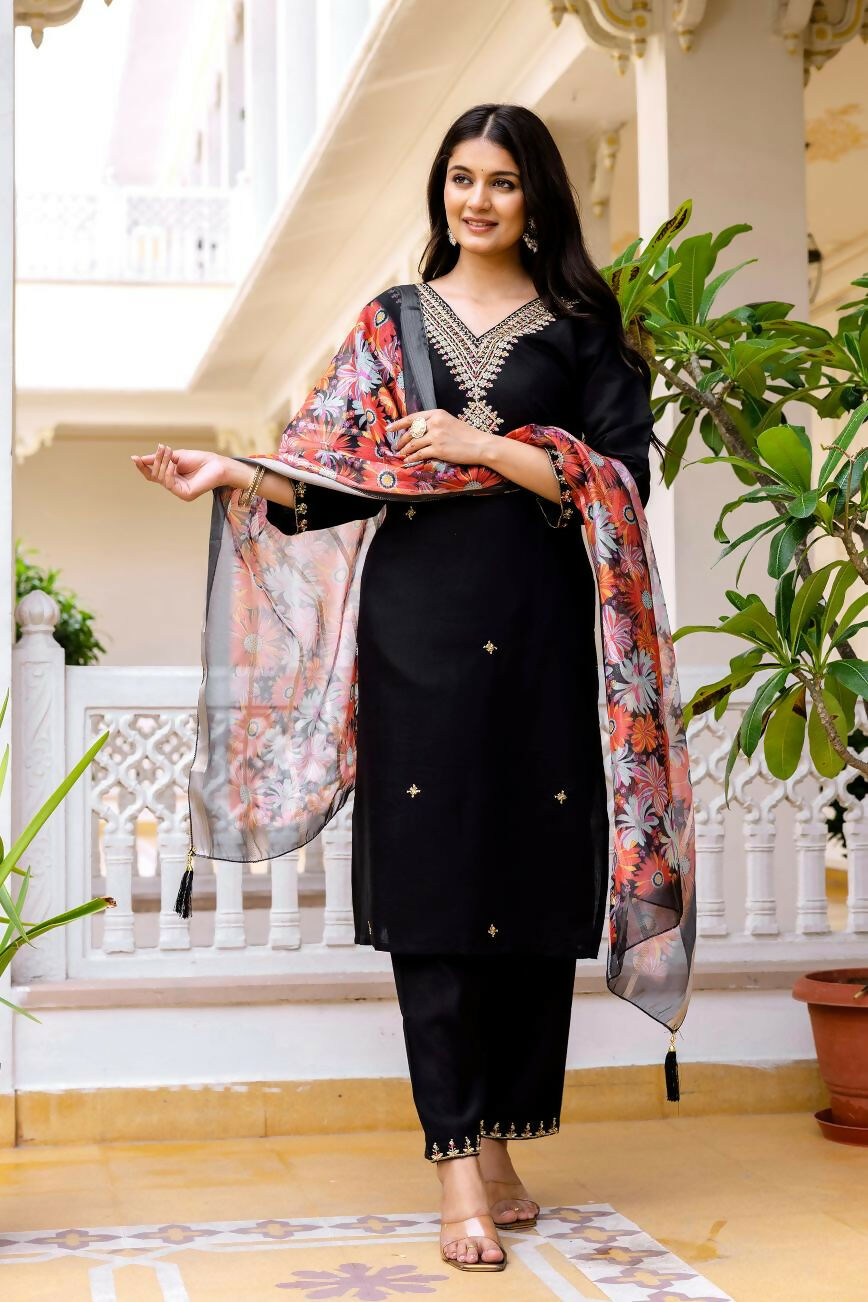 The52 Black Women's Beautiful Viscose Chanderi Fabric Embroidered Work Straight Kurta Pant and Dupatta Set - Swadesiicart