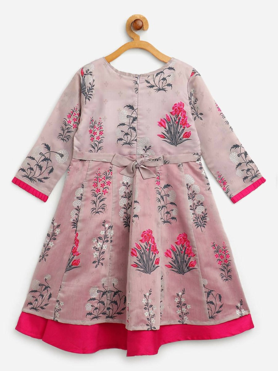 Ahalyaa Grey Chanderi Silk Pigment Print Kids Front Slit Kurta For Girls | Swadesiicart