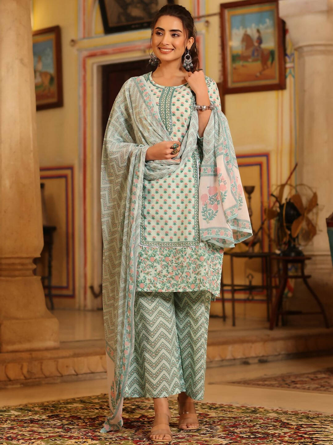 Juniper Women's Seagreen Cambric Floral Printed Kurta Palazzo Set | Swadesiicart