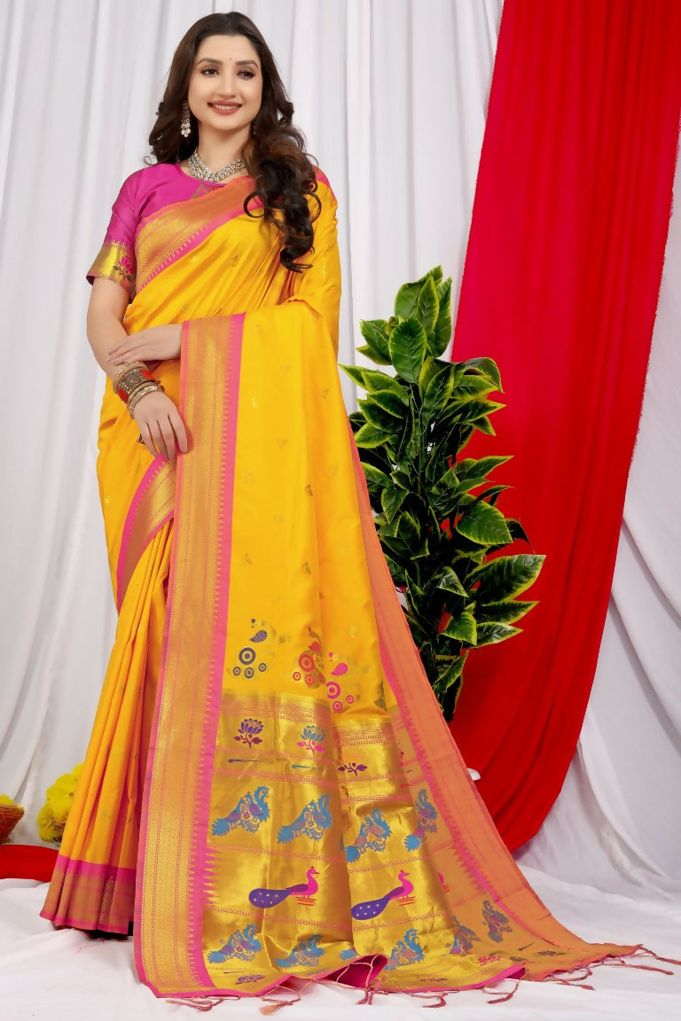 Jyoti Fashion Women's Yellow Paithani Silk Zari Woven Saree with Blouse | Swadesiicart