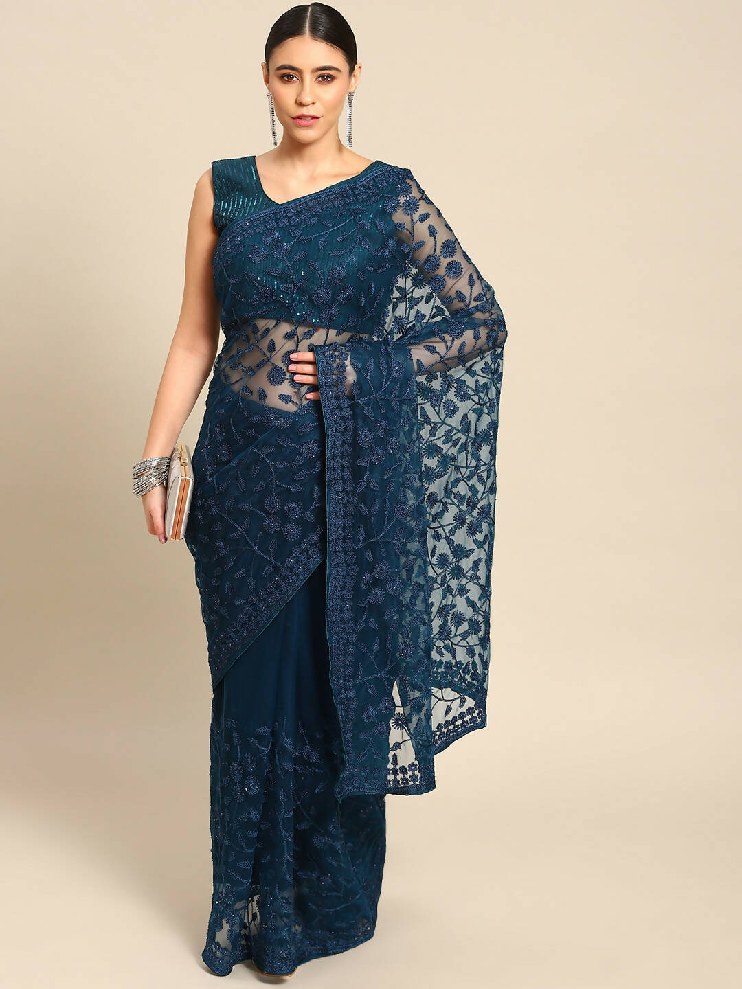 Blue Woven Design Net Saree with Blouse Piece - Kalamkari
