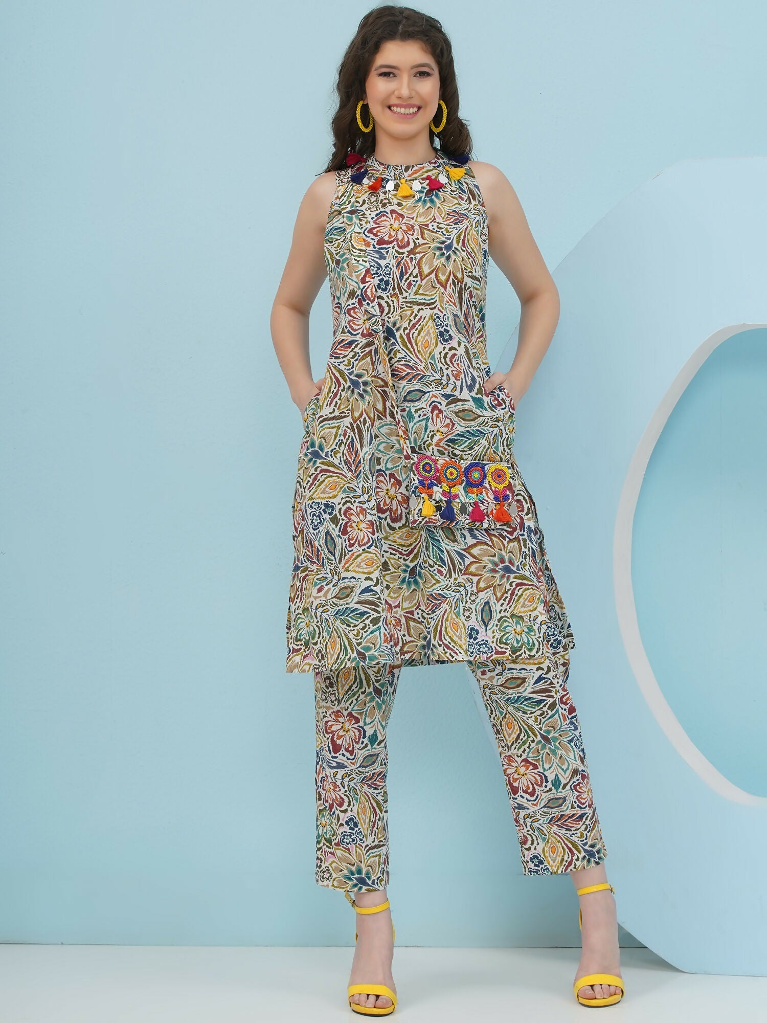 Joban Fashion Floral Co Ord Set With Embellished Sling Bag - Multi - Swadesiicart