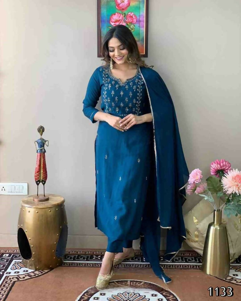 Ethnic Festive Wear Reyon Slub Rama Stitched Suit With Dupatta - Tanisha | Swadesiicart