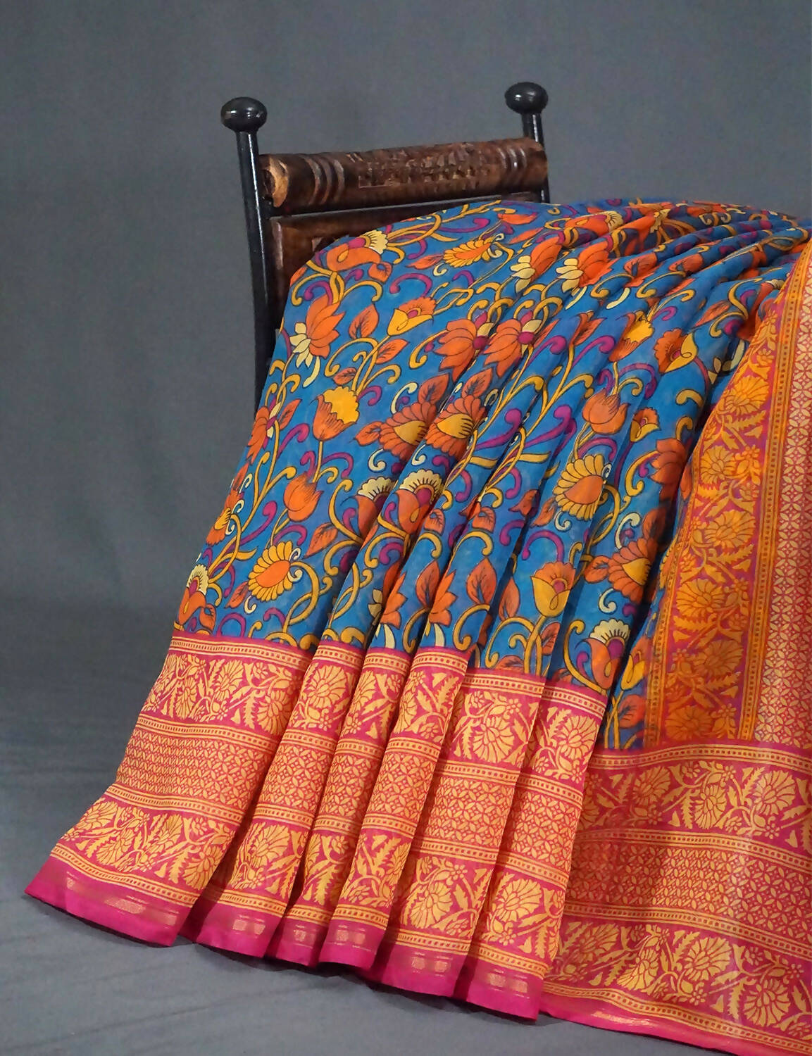 Multi Shades Of Peacock Blue Kalamkaari Design Semi Chanderi Saree With Contrast Blouse By Gayathri Reddy Designer Studio | Swadesiicart